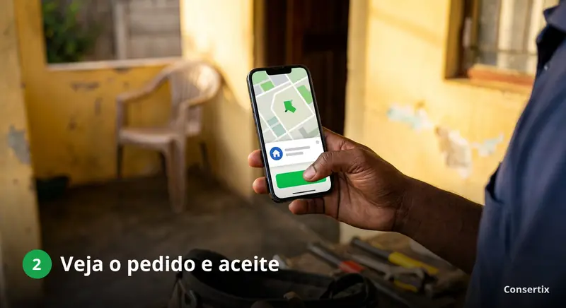 Mão do profissional a segurar o telemóvel com o mapa do pedido